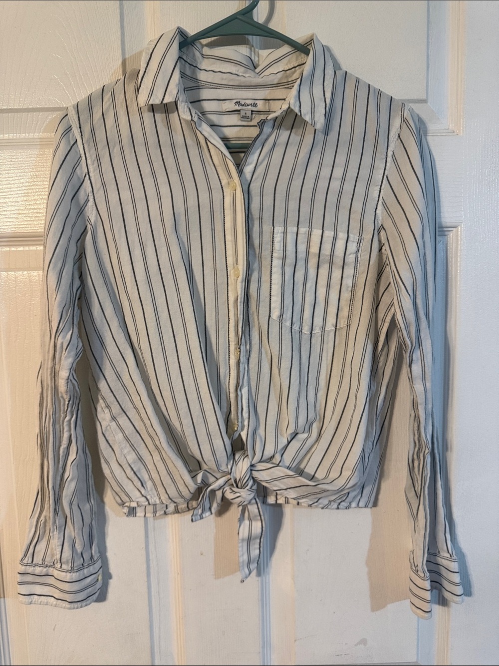 Madewell White and Black Striped Tie-Front Button Down Shirt